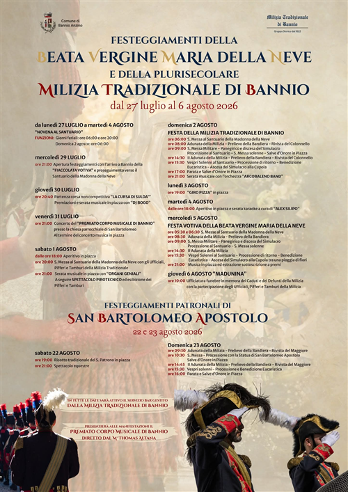 Calendario eventi Festa della Madonna della Neve, della Milizia Tradizionale di Bannio e dl Santo Patrono San Bartolomeo Apostolo